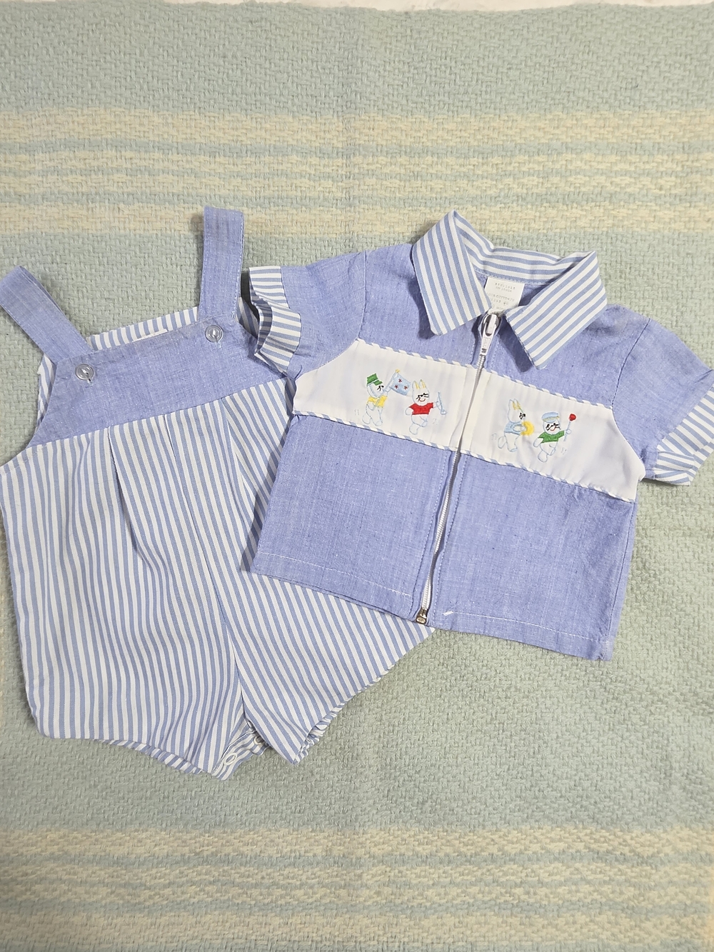 Vintage Baby Blue Striped Two-Piece Outfit with Embroidered Bunnies